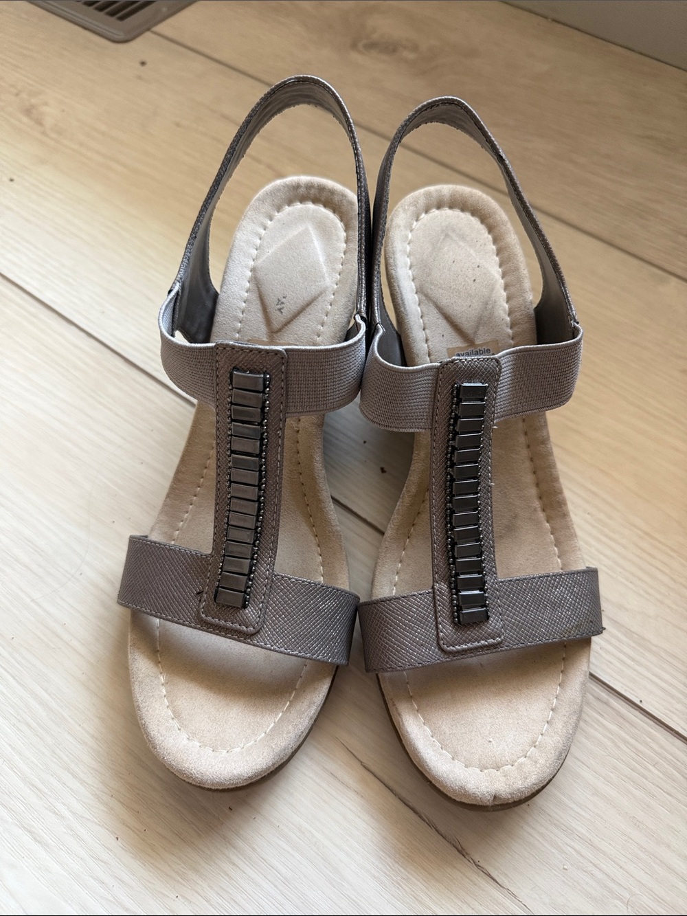 St. John Collection Taupe Elastic Slingback Sandals with Gunmetal Accents
